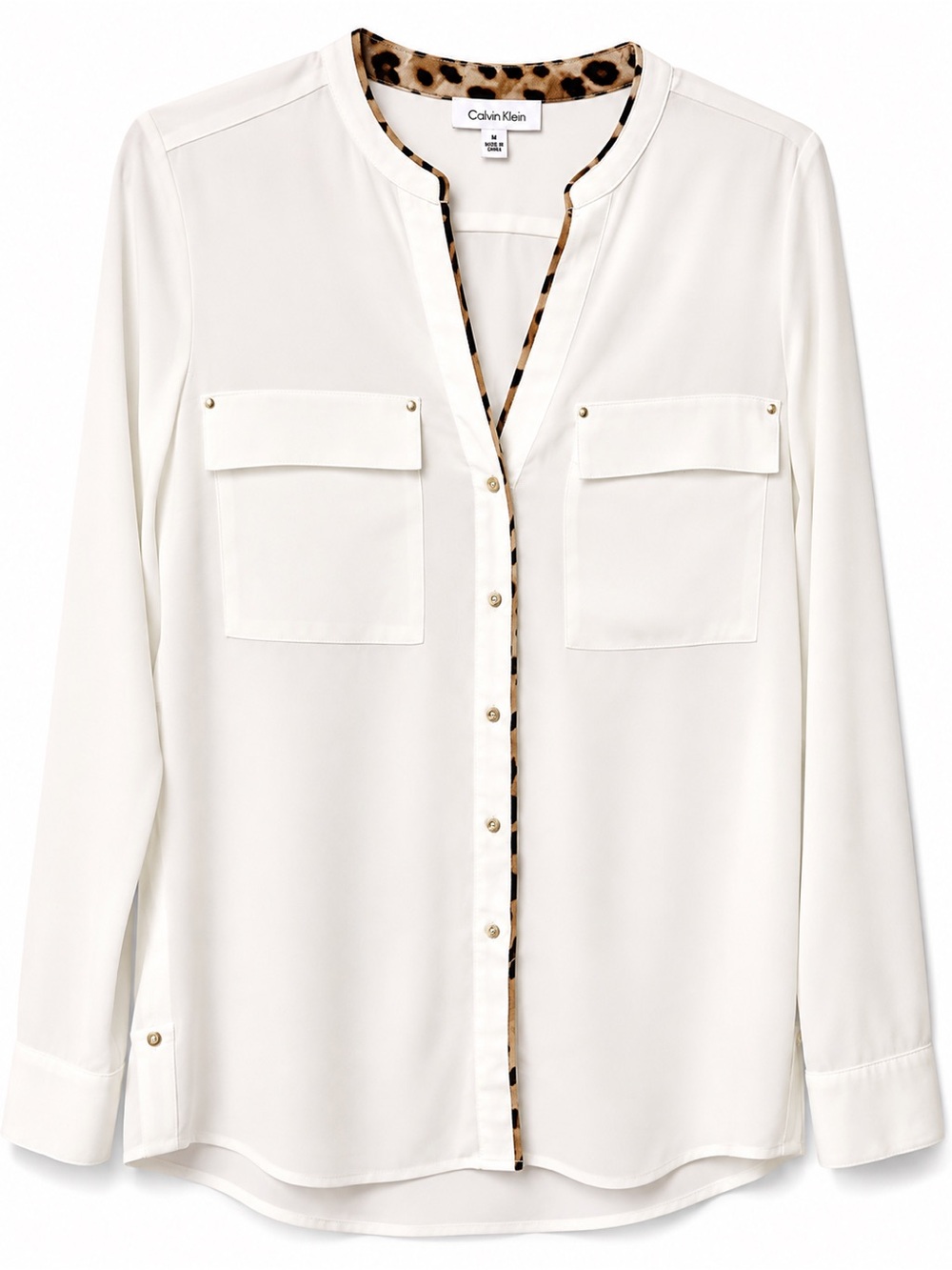 Calvin Klein Cream Button-Down Shirt with Leopard-Trim Placket